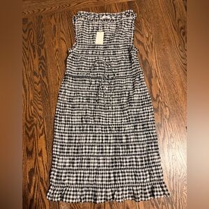 Doen Black and White Gingham Strapless Midi Dress